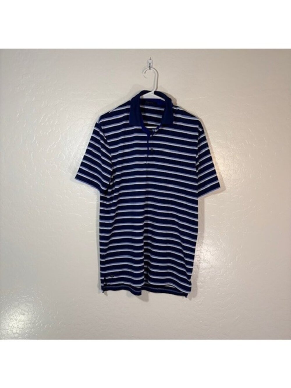 Greyson Golf Polo Mens Large Shirt Blue White Striped Short Sleeve